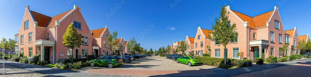 Stylish peach brick Dutch homes, green cars, wide sunny sky view. Stylish peach brick Dutch homes, green cars, wide sunny sky view.