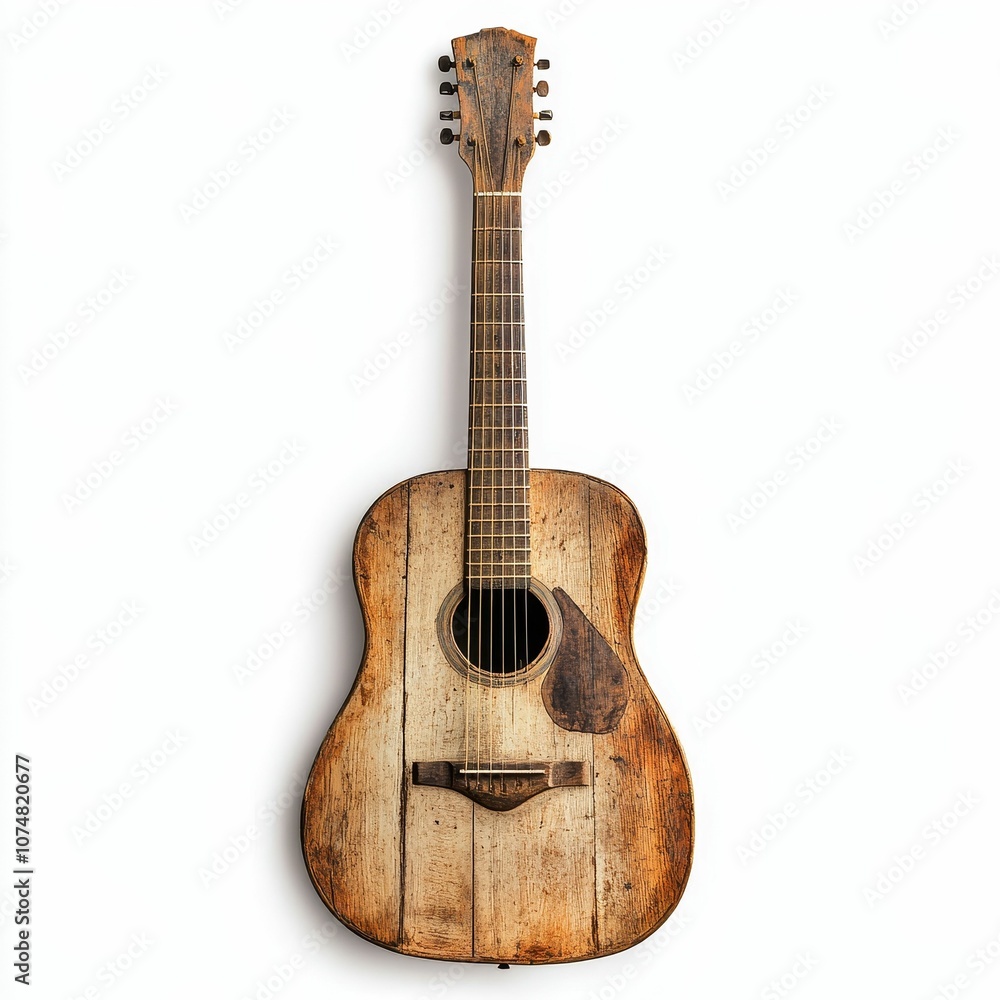 Fototapeta premium Worn wooden acoustic guitar on white background.