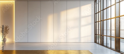 Minimalist interior with white walls and gold flooring.