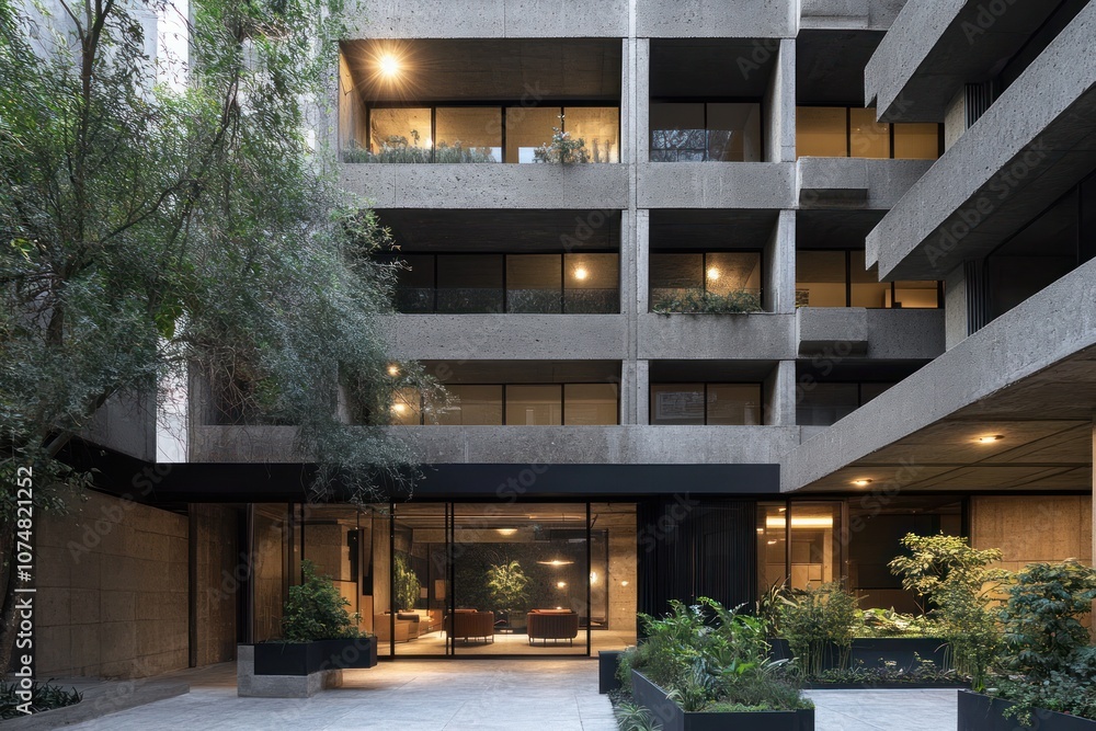 Fototapeta premium Renovation of brutalist buildings, preserving the bold architectural style while integrating modern updates