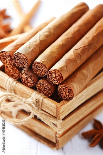 Cigars and Spices Aromatic Tobacco Products in a Rustic Wooden Box on a White Background