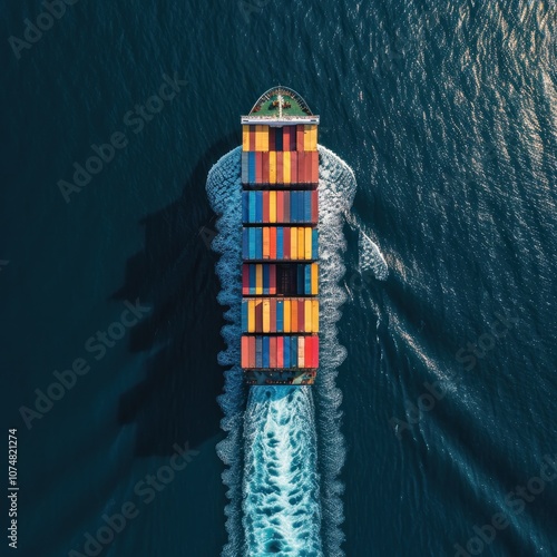 This aerial shot captures a large cargo ship in the ocean, highlighting the efficiency of modern shipping and transportation. AI generative photo