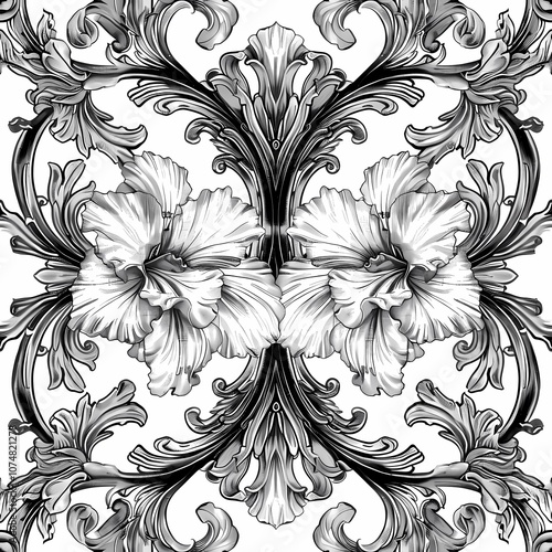 Wallpaper Mural Black and white seamless pattern of orchid flowers, a mix of renaissance and vintage style Torontodigital.ca