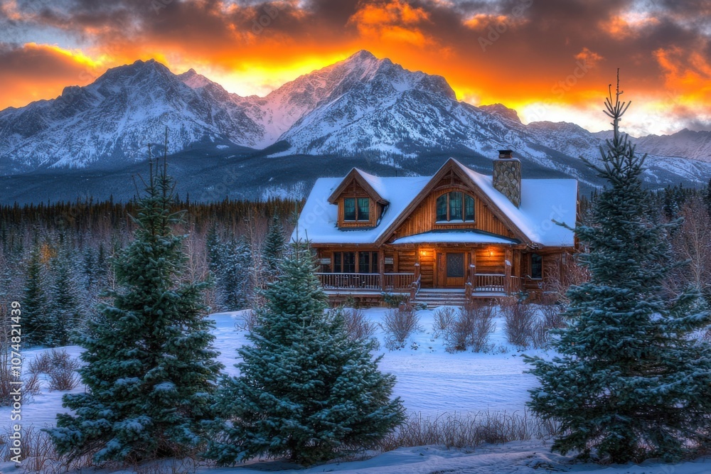 Fototapeta premium A cozy cabin surrounded by snow-covered trees and mountains at sunset.