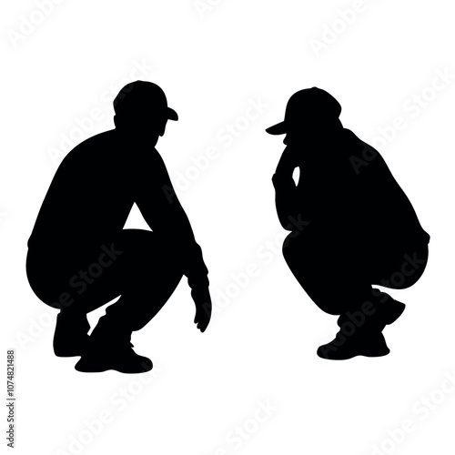 a vector silhouette of two people in a squatting position, facing slightly toward each other