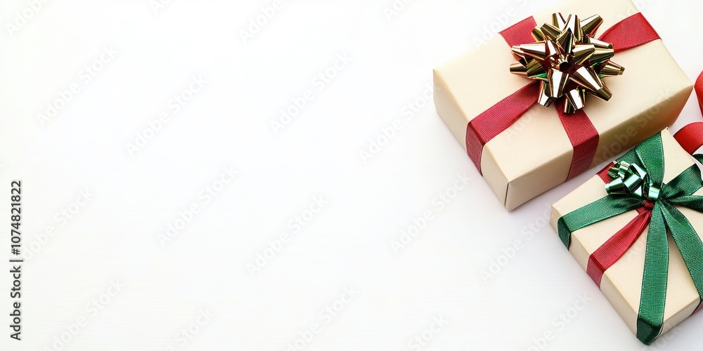 Two beautifully wrapped gift boxes with ribbons on a white background. Two beautifully wrapped gift boxes with ribbons on a white background.