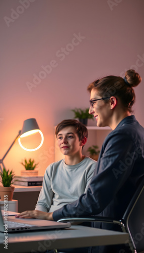 Young female psychologist working with teenage boy in office isolated with white highlights, png photo