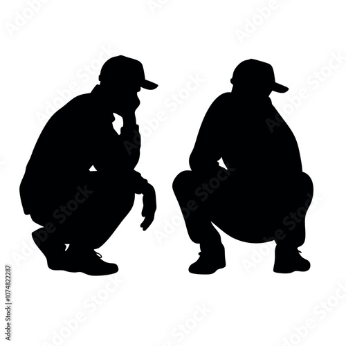 a vector silhouette of two people in a squatting position, facing slightly toward each other