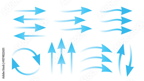 Flow arrows set. Blue air steam, ventilator or conditioner buttons elements. Flat flows directions, wind or fresh air currents vector symbols and effects