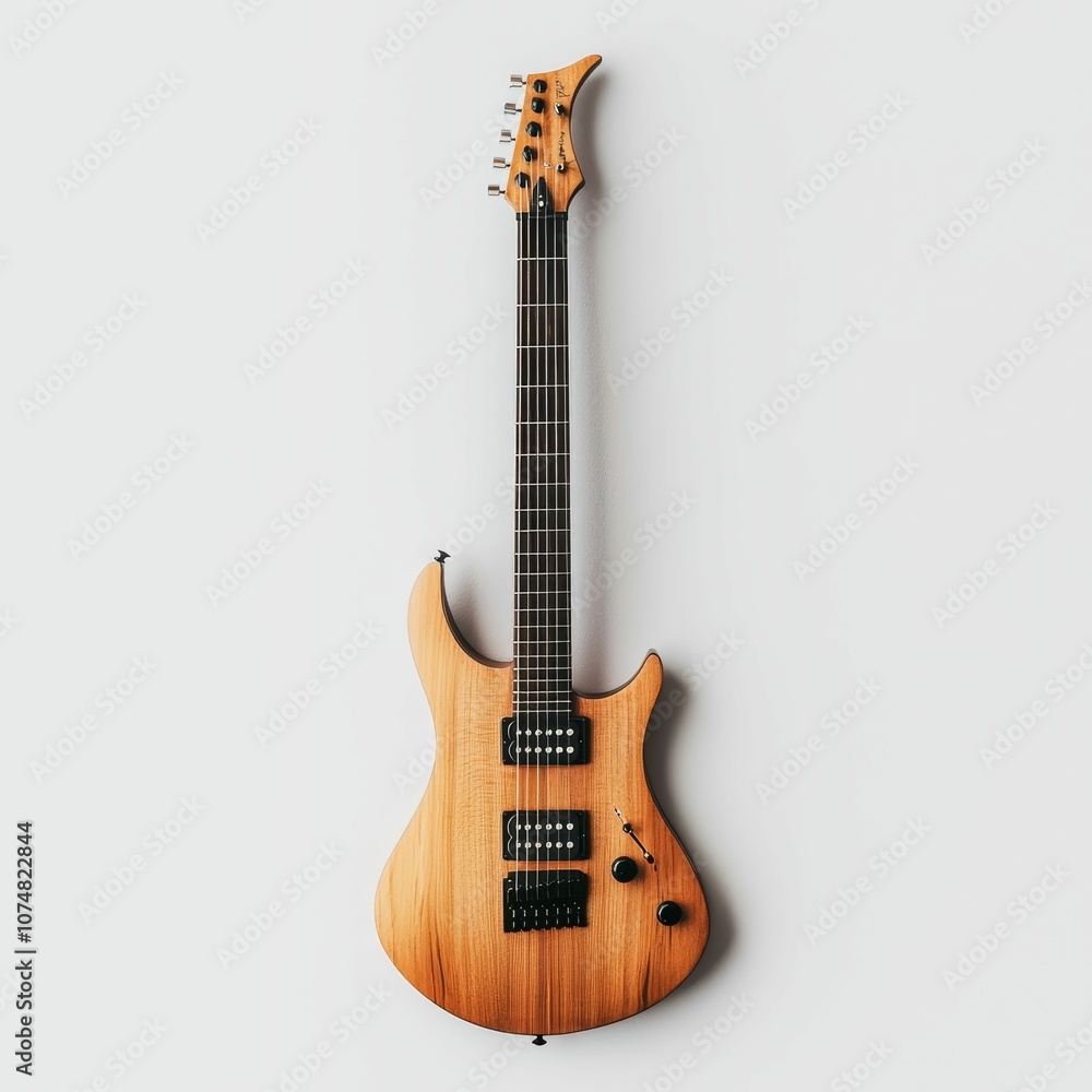 Naklejka premium A wooden electric guitar against a white background.