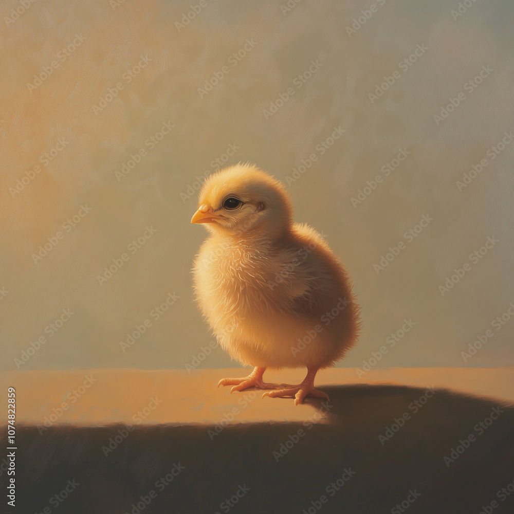 Fluffy baby chick standing alone against a soft light background during early morning hours in a warm setting. Generative AI Fluffy baby chick standing alone against a soft light background during early morning hours in a warm setting. Generative AI