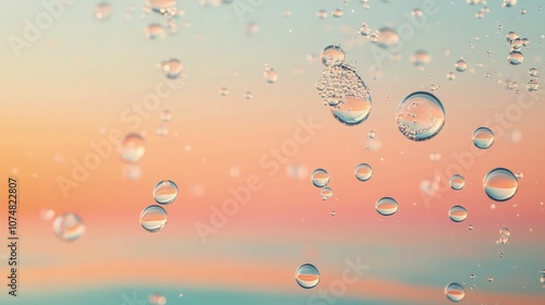 Abstract oil with delicate bubbles trapped in layers, floating in front of a coral gradient background, creating a modern, minimalistic texture.
