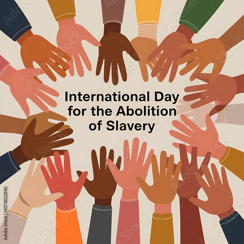 Vector art for International Day for the Abolition of Slavery, symbolizing unity, strength, and human rights with hands and fists in support of freedom and justice.