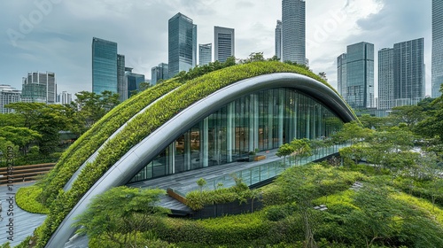 Green roofs architecture with lush vegetation, creating eco-friendly, energy-efficient urban spaces photo