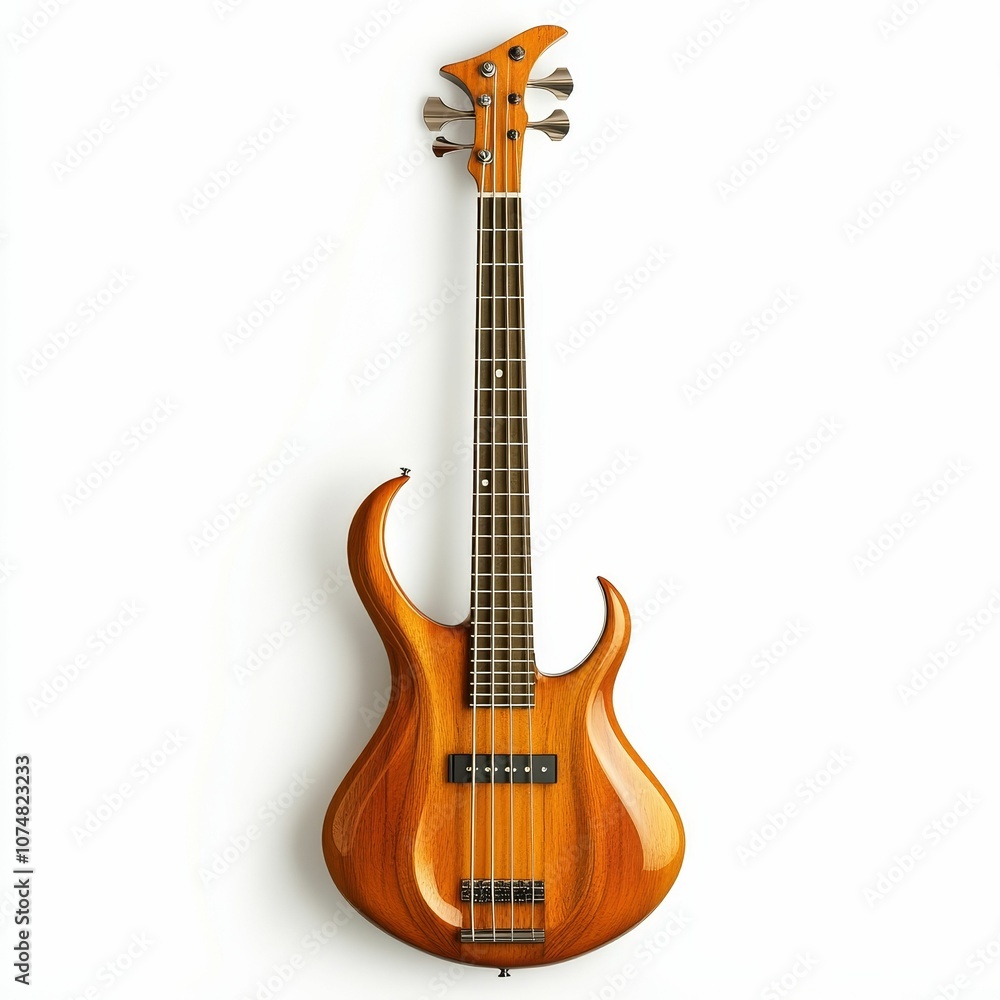 A brown bass guitar with a unique shape. A brown bass guitar with a unique shape.