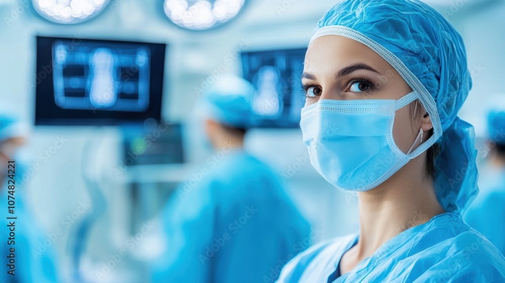 A healthcare professional in surgical attire looks attentively, surrounded by medical equipment in a modern operating room. A healthcare professional in surgical attire looks attentively, surrounded by medical equipment in a modern operating room.