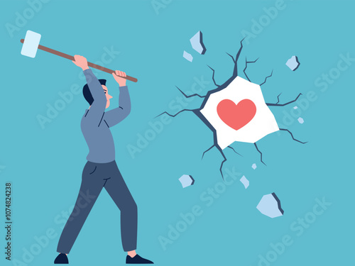 Man with hammer broken stone wall and frees heart. Person reading for new relationship, mental or psycho trauma is over, recovery of feelings vector scene