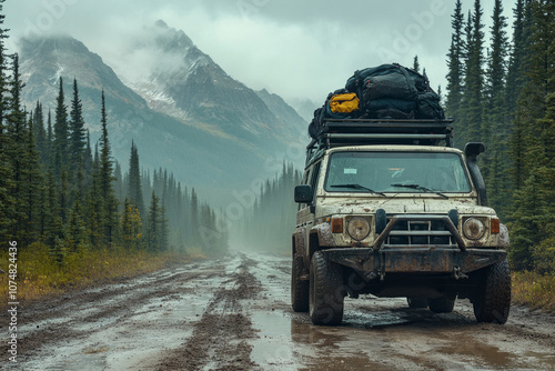 A rugged 4x4 vehicle is parked on a remote dirt road, surrounded by vast open plains and distant mountains, ideal for an adventure with camping gear ready for exploration photo