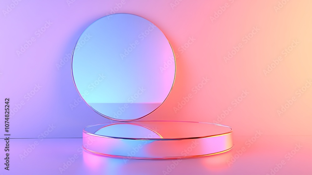 A circular mirror on a reflective surface with colorful neon lighting, creating a modern aesthetic. A circular mirror on a reflective surface with colorful neon lighting, creating a modern aesthetic.