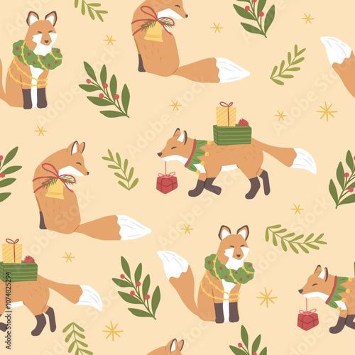 Winter Christmas Seamless  pattern of fox vector illustration