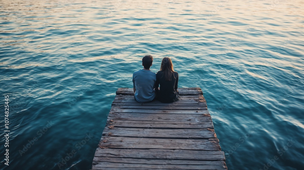Couple sitting on wooden dock at sunset, facing calm sea Couple sitting on wooden dock at sunset, facing calm sea