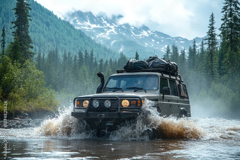 An overlander SUV crosses a river, splashing through the water with gear securely strapped to the roof, showcasing its rugged capability and adventure spirit