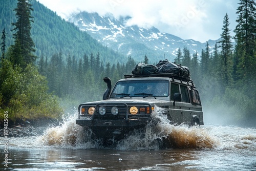 Obraz na płótnie An overlander SUV crosses a river, splashing through the water with gear securely strapped to the roof, showcasing its rugged capability and adventure spirit w salonie