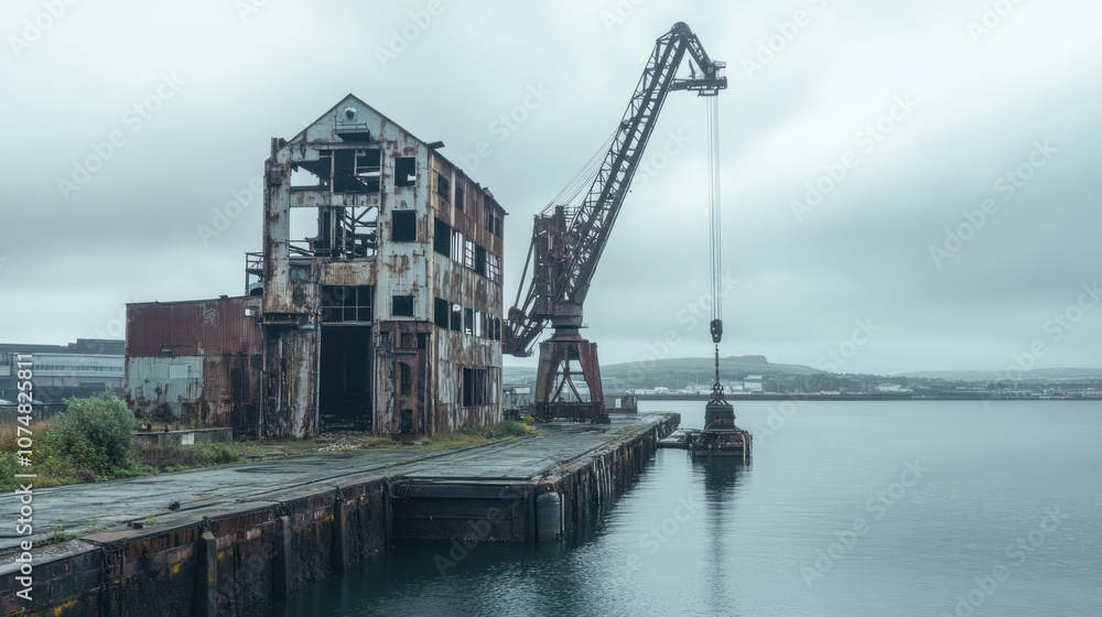 Deserted industrial ports with rusting cranes and decaying docks, left untouched for years Deserted industrial ports with rusting cranes and decaying docks, left untouched for years