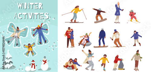 Collection, set of male and female  characters performing winter activities. Set of men and women dressed in outerwear skiing, ice skating, snowboarding, playing in the snow. Flat vector illustration.