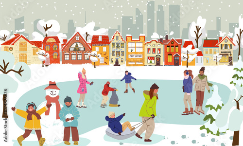 Family Winter Activity Holidays. Ice rink with different people on city background. Winter holiday scene with chilren, men and women at the park ice skating rink. Flat vector illustration, hand drawn