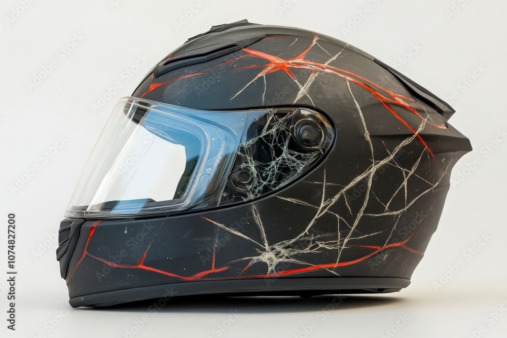 This motorcycle helmet is prominently displayed, featuring notable cracks and damage. The design showcases a striking pattern, indicating previous impact and wear. This motorcycle helmet is prominently displayed, featuring notable cracks and damage. The design showcases a striking pattern, indicating previous impact and wear.