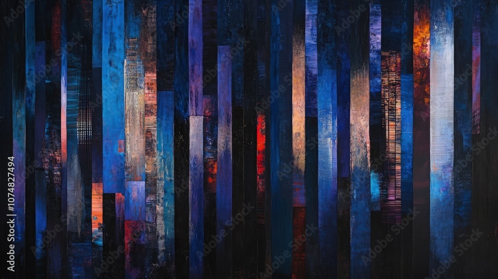 Fototapeta premium An abstract painting of vertical and horizontal stripes, giving the impression of towering skyscrapers at night. The colors are rich and dark, with deep blues and purples.