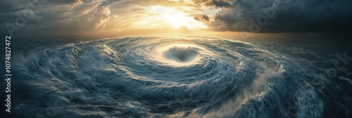 A powerful hurricane develops over the ocean, characterized by swirling winds and a dramatic sky during sunrise. Generative AI photo