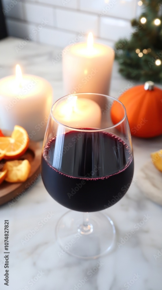 A glass of red wine surrounded by candles, a pumpkin, and dried fruits, creating a cozy ambiance. A glass of red wine surrounded by candles, a pumpkin, and dried fruits, creating a cozy ambiance.