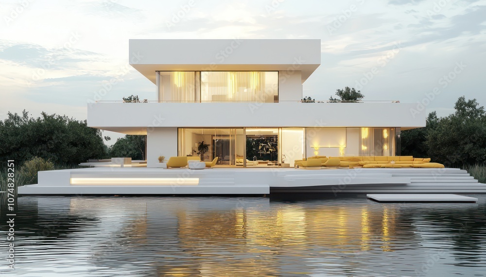 High-resolution 3D render of contemporary waterfront home with purple accents and golden lights. High-resolution 3D render of contemporary waterfront home with purple accents and golden lights.
