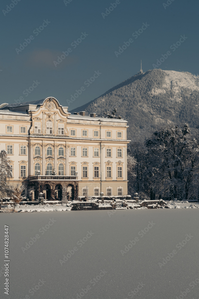Schloss Leopoldskron with Gaisberg mountain in winter, Salzburg, Austria