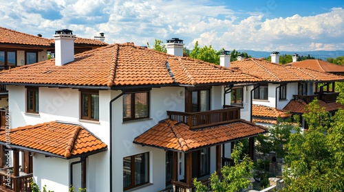 Bulgarian village chic townhouses, heather roofing, coastal architecture.