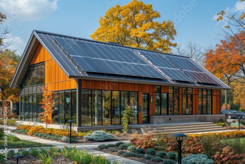 Modern Sustainable Community Building with Solar Panels