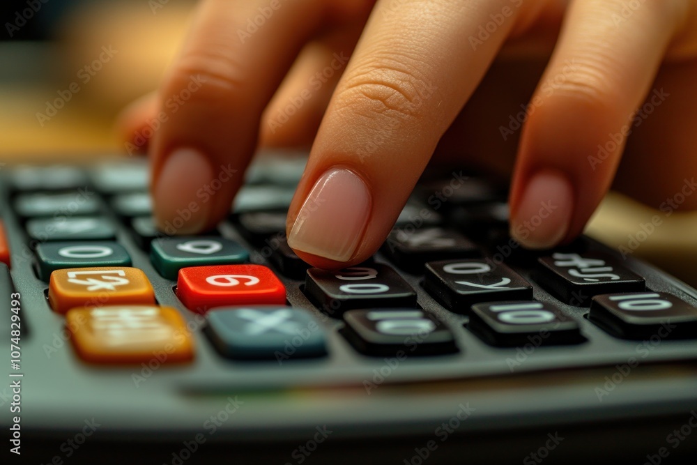 Close-up of a woman's hand pressing the number 6 on a calculator. Close-up of a woman's hand pressing the number 6 on a calculator.