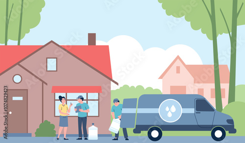 Water delivery at home. Couriers transported giant plastic bottles to client house. Drivers unloading logistic truck, high service, recent vector scene