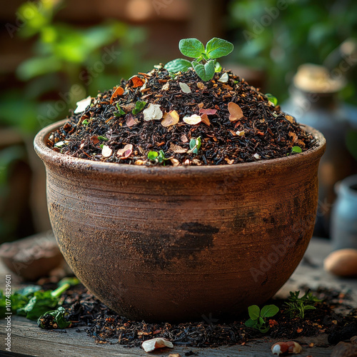 Used tea compost in a rustic wooden bowl for gardening photo