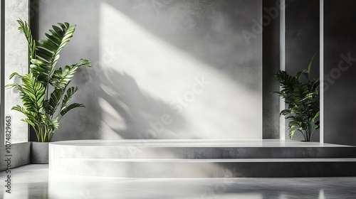 Minimalistic interior with concrete walls and green plants, natural light creating soft shadows. photo