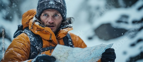 Man Looking at a Map in the Snow photo