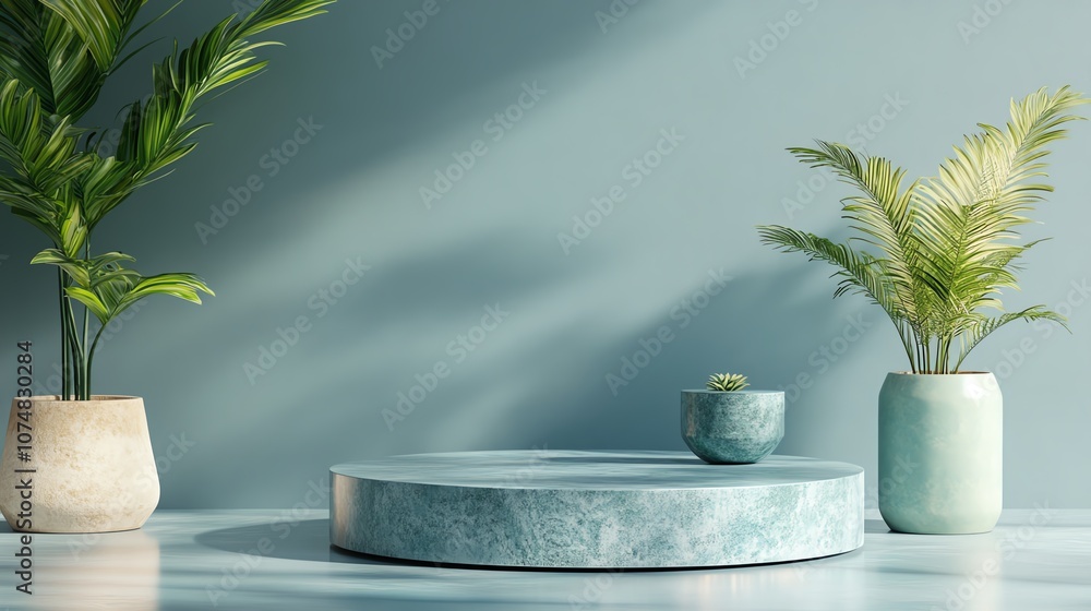 Modern decor featuring green plants in stylish pots against a soft blue background. Modern decor featuring green plants in stylish pots against a soft blue background.