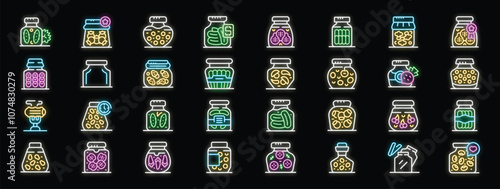 Preserving food in jars, glowing neon icons illustrating pickled vegetables and fruits