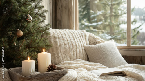 Cozy winter reading nook with knitted throw and candlelit ambiance by the window