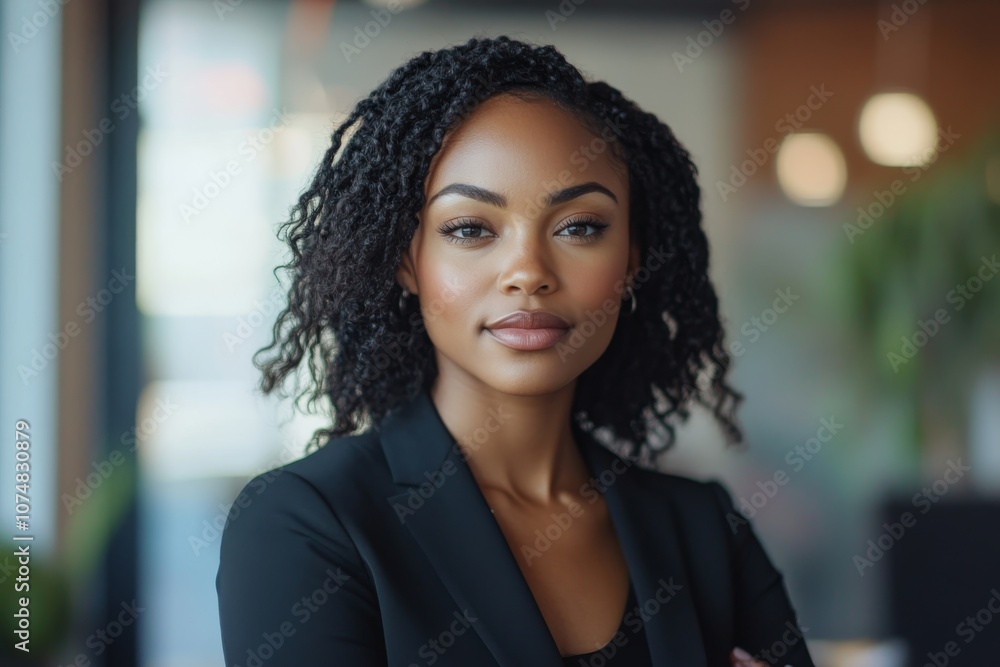 Confident Businesswoman with Curly Hair in Office Setting Confident Businesswoman with Curly Hair in Office Setting
