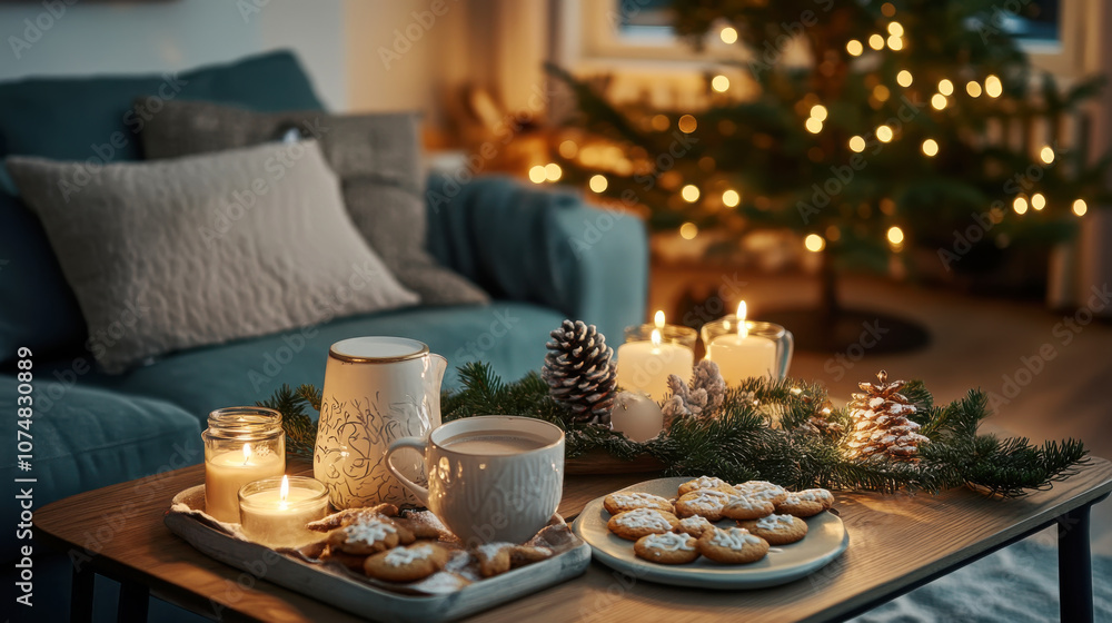 Naklejka premium Cozy christmas coffee table with festive cookies and candlelight decorations