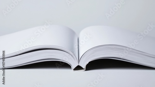 A blank open book lies on a flat surface, featuring an empty layout, inviting creativity and ideas.