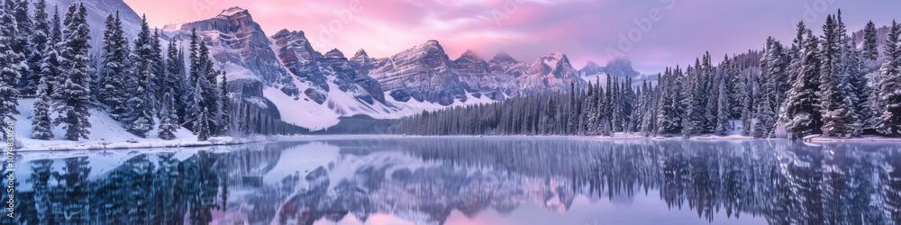 Frost-kissed lake reflects pastel sunrise colors with a snow-covered mountain backdrop and empty space for text Frost-kissed lake reflects pastel sunrise colors with a snow-covered mountain backdrop and empty space for text